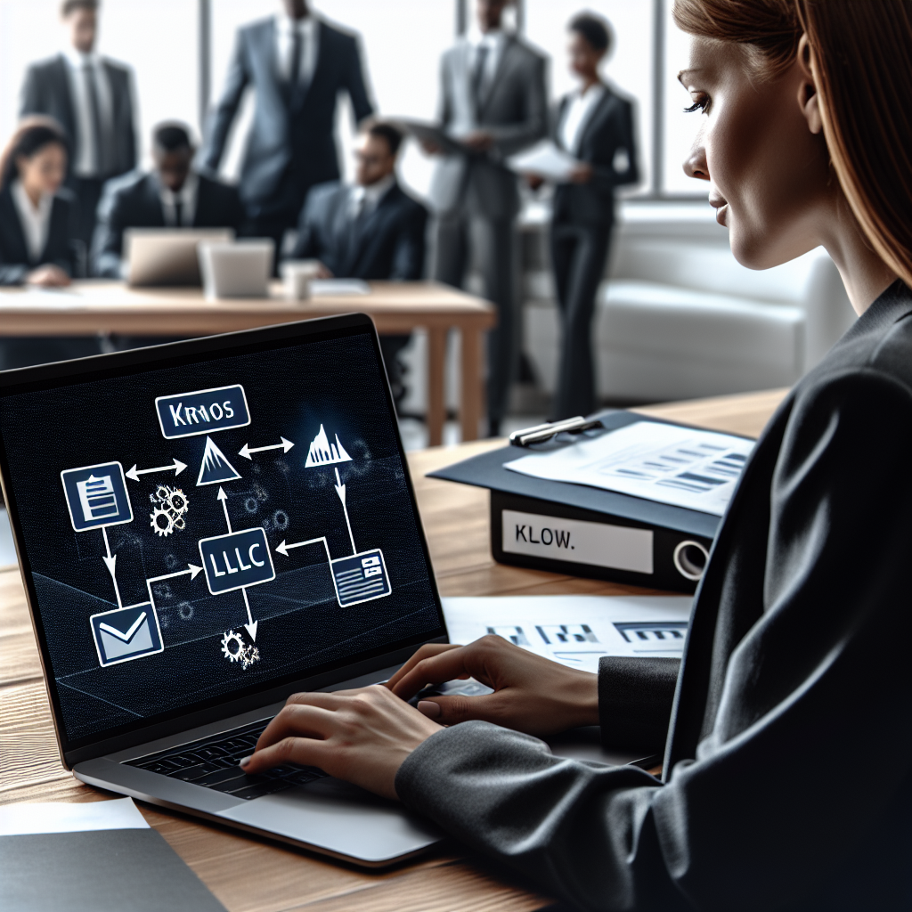 Unternehmerin am Laptop, Bildschirm zeigt Kronos Flow Workflow-Diagramm; Akte mit 'LLC' und Team im Hintergrund