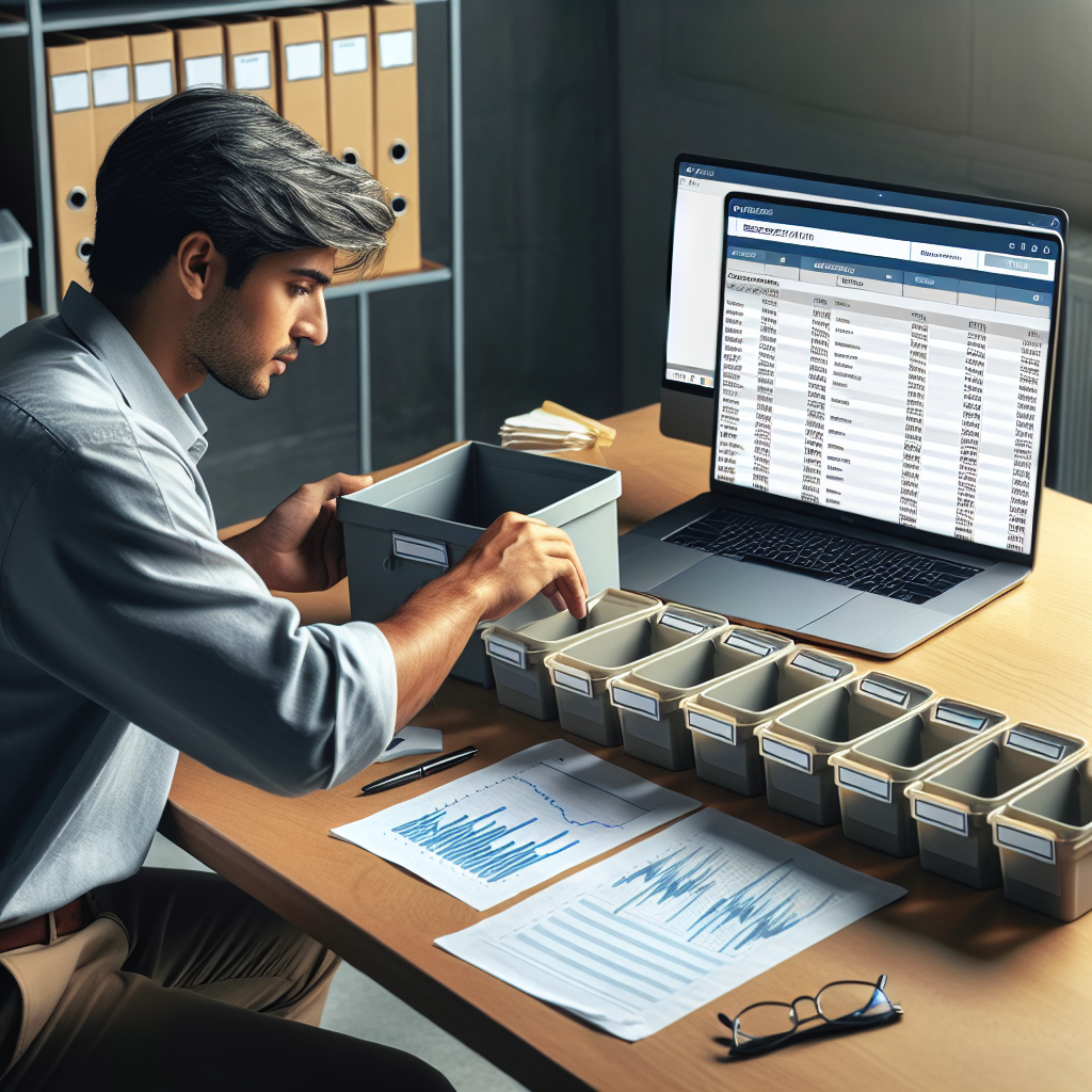 Person sortiert beschriftete Container vor Laptop mit Kronos Flow Dashboard und LLC-Dokument