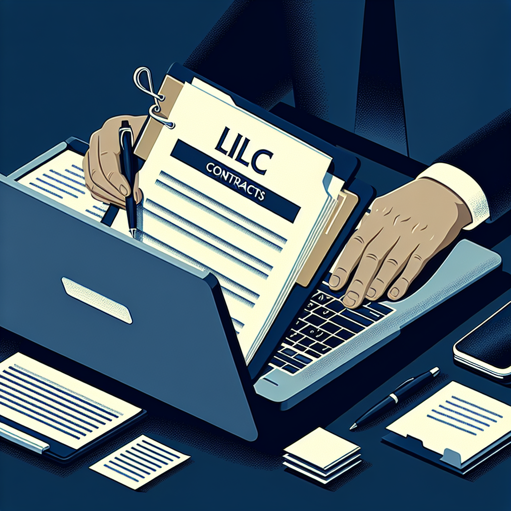 Geschäftsperson überprüft Verträge und Notizen am Laptop, Ordner mit LLC-Label sichtbar