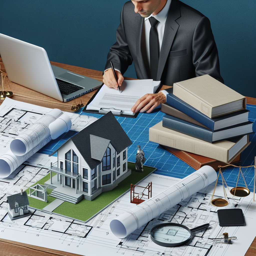 Person mit Bauplan, Hausmodell, Laptop und Rechtsdokumenten zum LLC-Setup