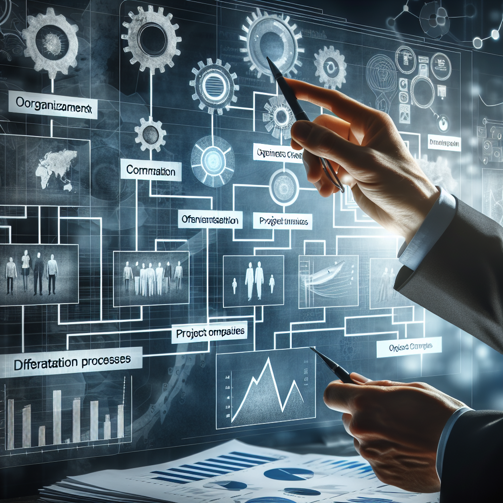 Geschäftsperson betrachtet Organigramm mit LSI, Projektgesellschaften und Prozessen