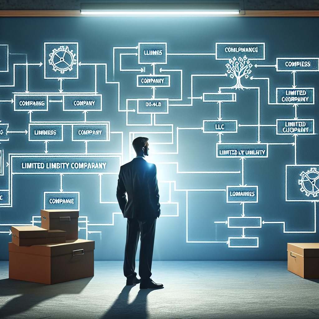 Unternehmer zeigt auf Whiteboard mit Firmenstruktur und markierter LLC