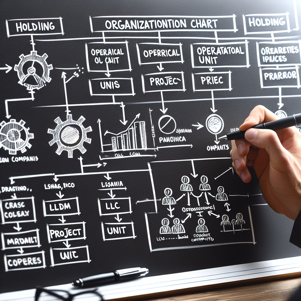 Person zeichnet Whiteboard mit Organisationsdiagramm: LLC, operative Einheit, Projektgesellschaften, Holding