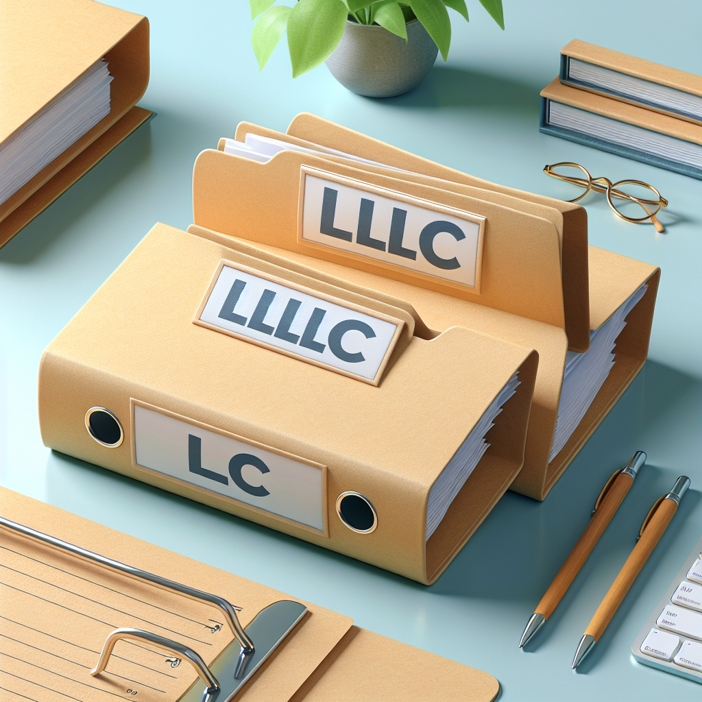 Zwei Aktenordner mit Aufschrift „LLC“ liegen getrennt auf einem Schreibtisch