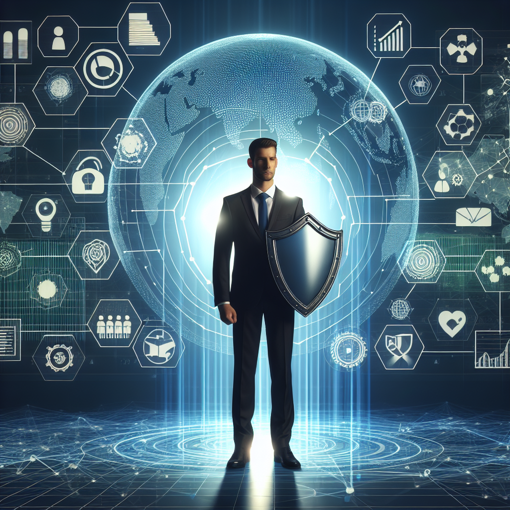 Geschäftsmann mit Schutzschild vor Diagramm der Unternehmensstruktur