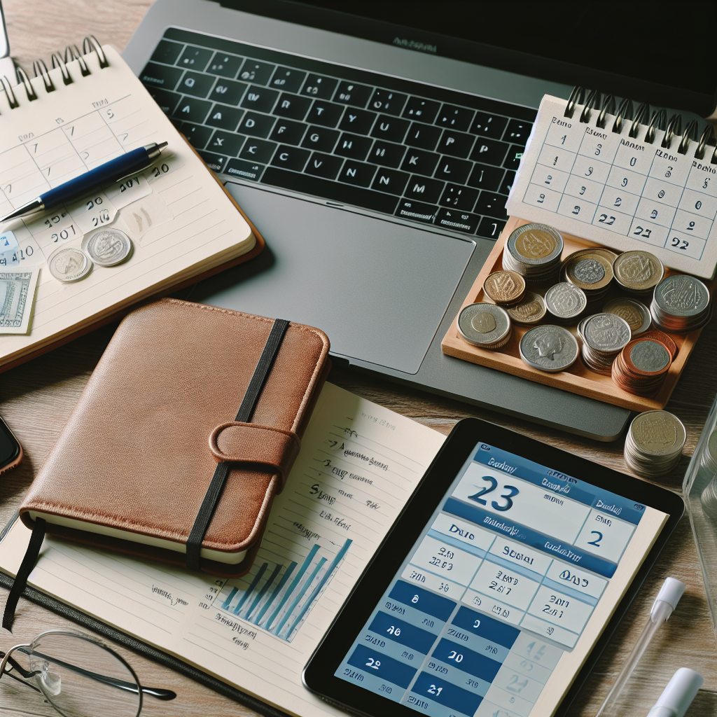 Nahaufnahme: Laptop, Kalender, Münzstapel und Notizen zur Zeit- und Finanzplanung