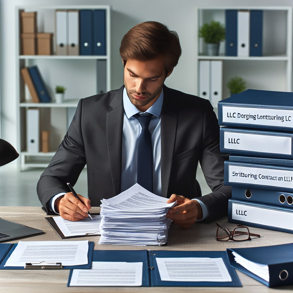 Unternehmer am Schreibtisch sortiert Verträge und Ordner zur Strukturierung der LLC