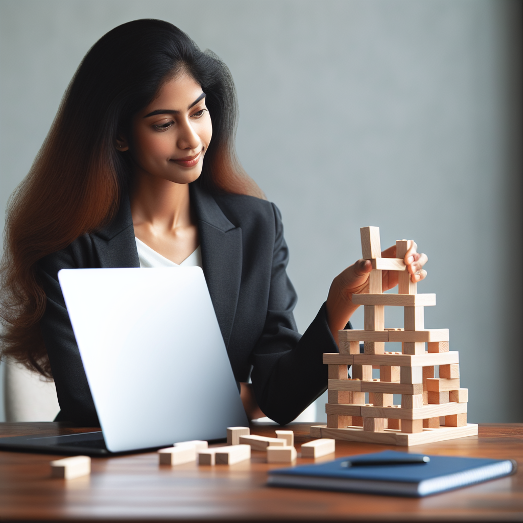 Geschäftsmann ordnet Bauklötze als Organigramm auf Schreibtisch, Laptop daneben