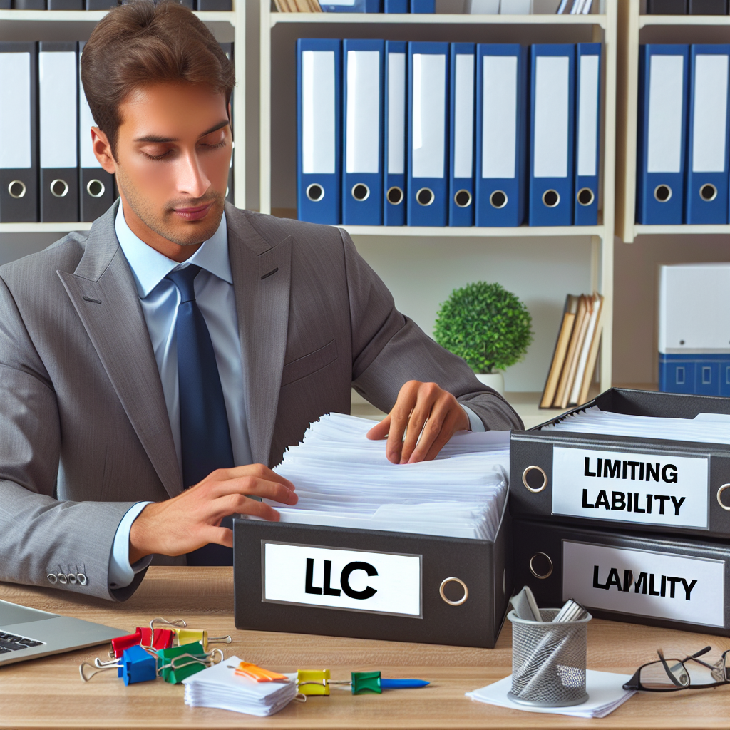 Geschäftsmann sortiert Ordner mit Etiketten „LLC“ zur Haftungsbegrenzung