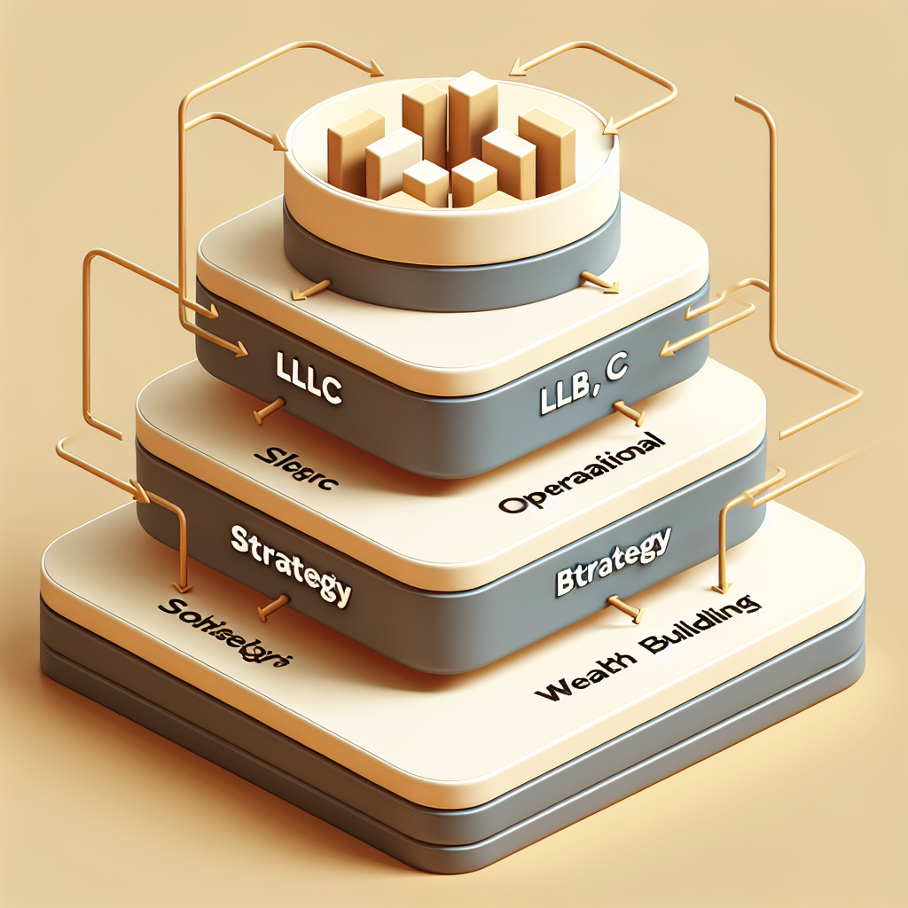 Drei übereinanderliegende Ebenen beschriftet mit LLC (operativ), Strategie und Vermögensaufbau, verbunden durch Pfeile