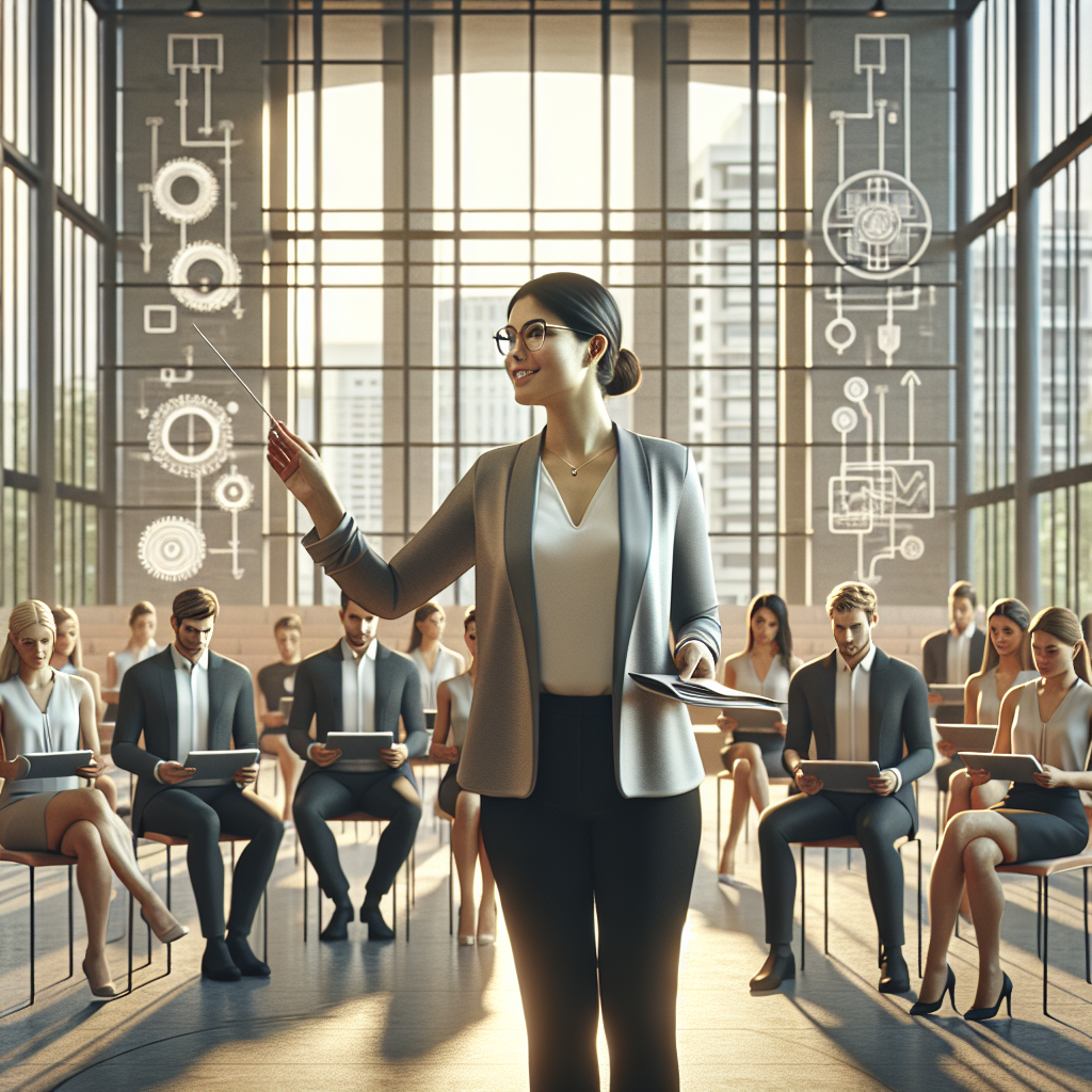 Geschäftsperson zeigt Diagramm mit Holding, mehreren Standort-Icons und Pfeilen zur Verantwortungsaufteilung.