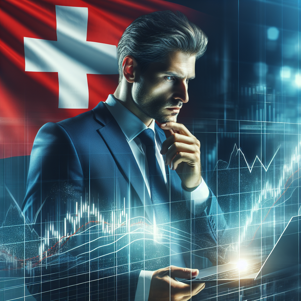 Unternehmer betrachtet Finanzdiagramm mit Schweizer Flagge im Hintergrund