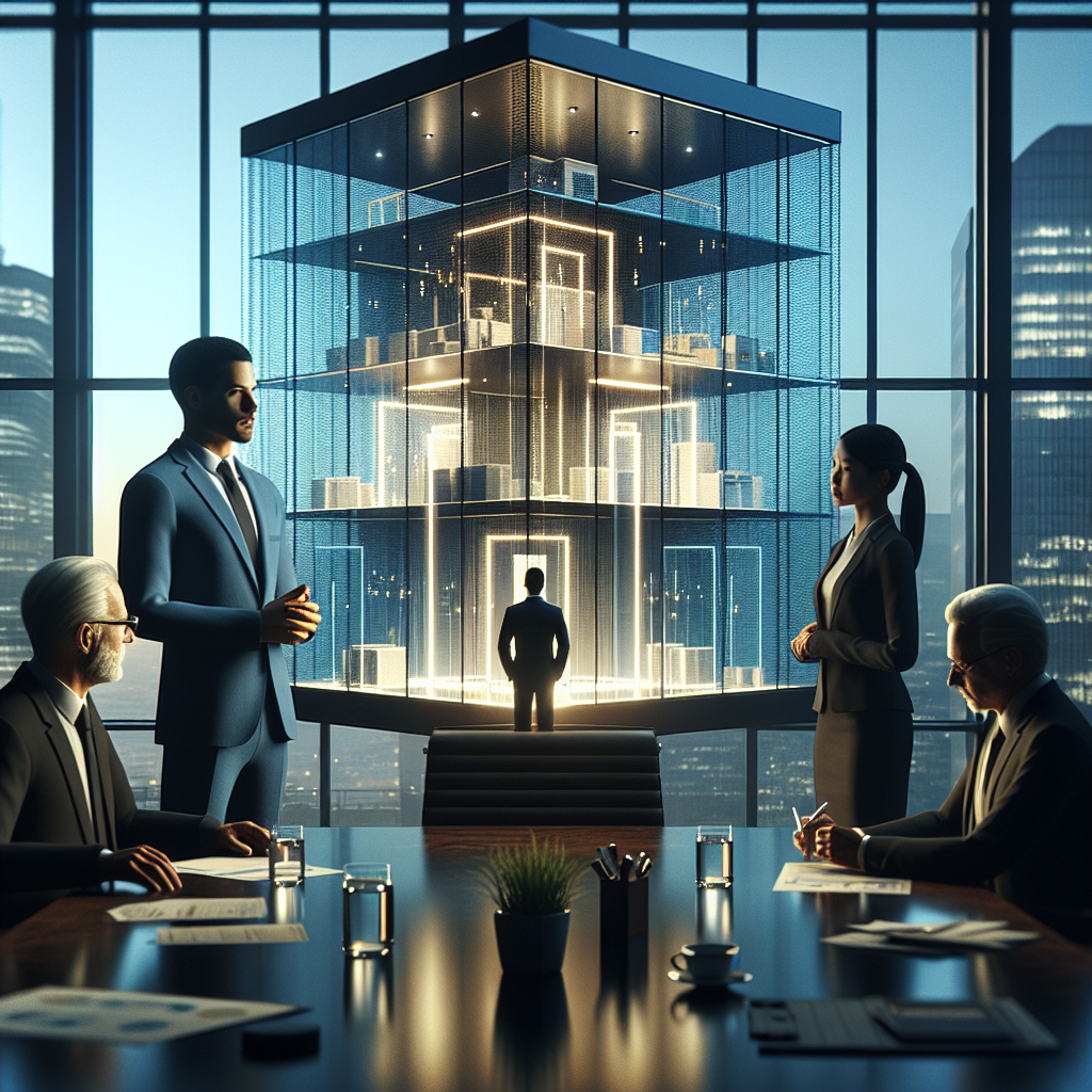 Geschäftsmann zeigt Organigramm mit Holding, Tochtergesellschaften und Münzstapel zur Darstellung von Liquidität