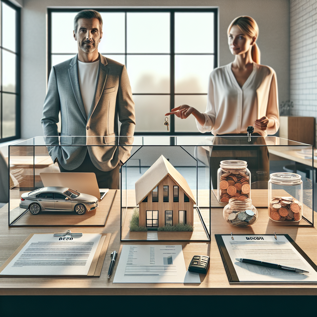 Vier beschriftete Ordner auf Schreibtisch: Privatvermögen, Betrieb, Eigentum, Liquidität