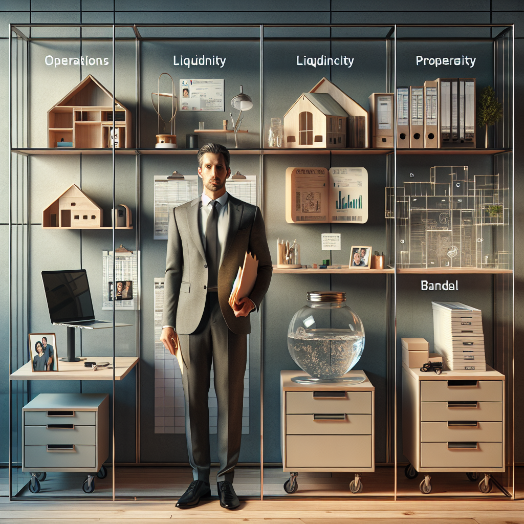 Schreibtisch mit zwei Ordnern Privat und Betrieb, Geldstapel und Taschenrechner