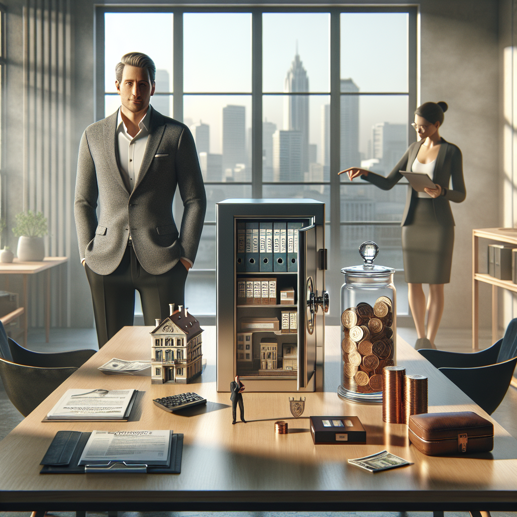 Geschäftsmann sortiert beschriftete Ordner 'Privatvermögen', 'Betrieb', 'Eigentum' und 'Liquidität' am Schreibtisch