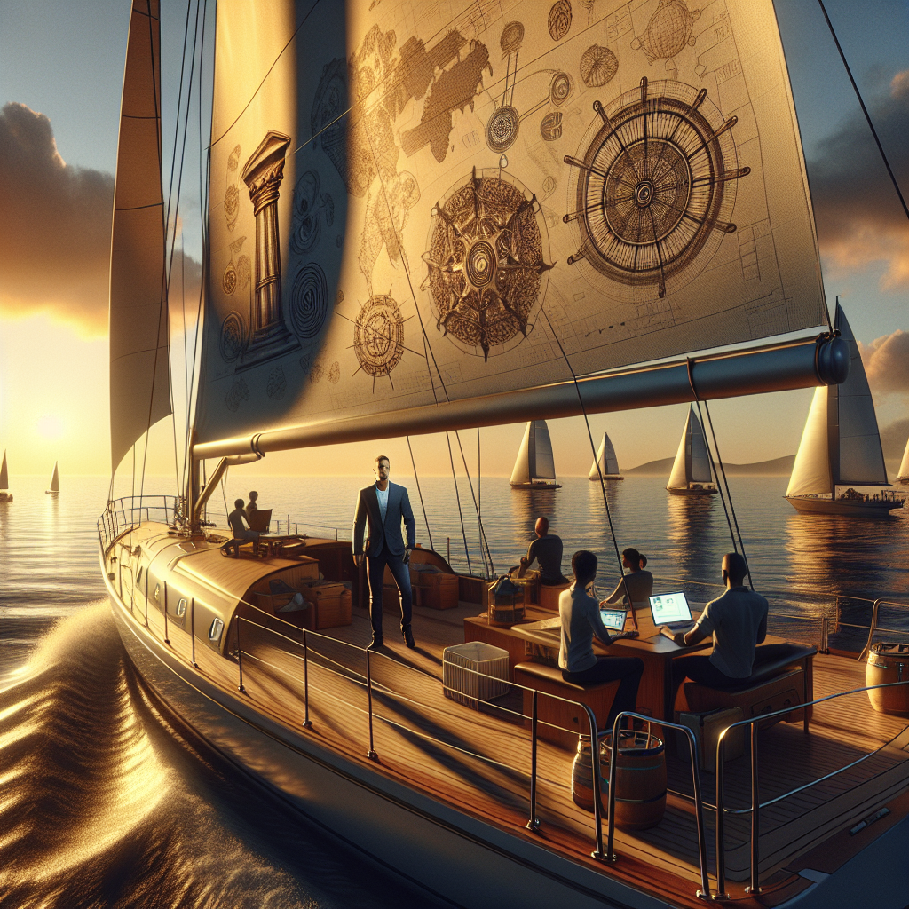 Segelboot auf offenem Meer mit drei aufgespannten Segeln und blauem Himmel