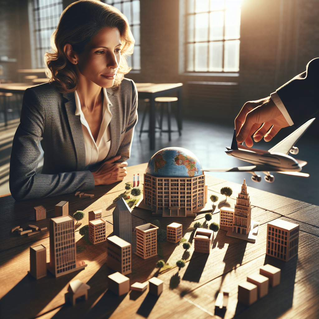 Schreibtisch mit Laptop, Verträgen, Weltkarte und Organisationsdiagramm