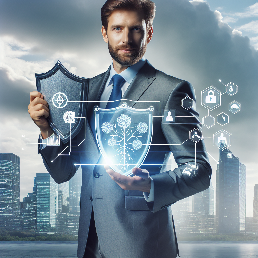 Unternehmer mit Schild schützt seine Tochterfirmen vor Risiken