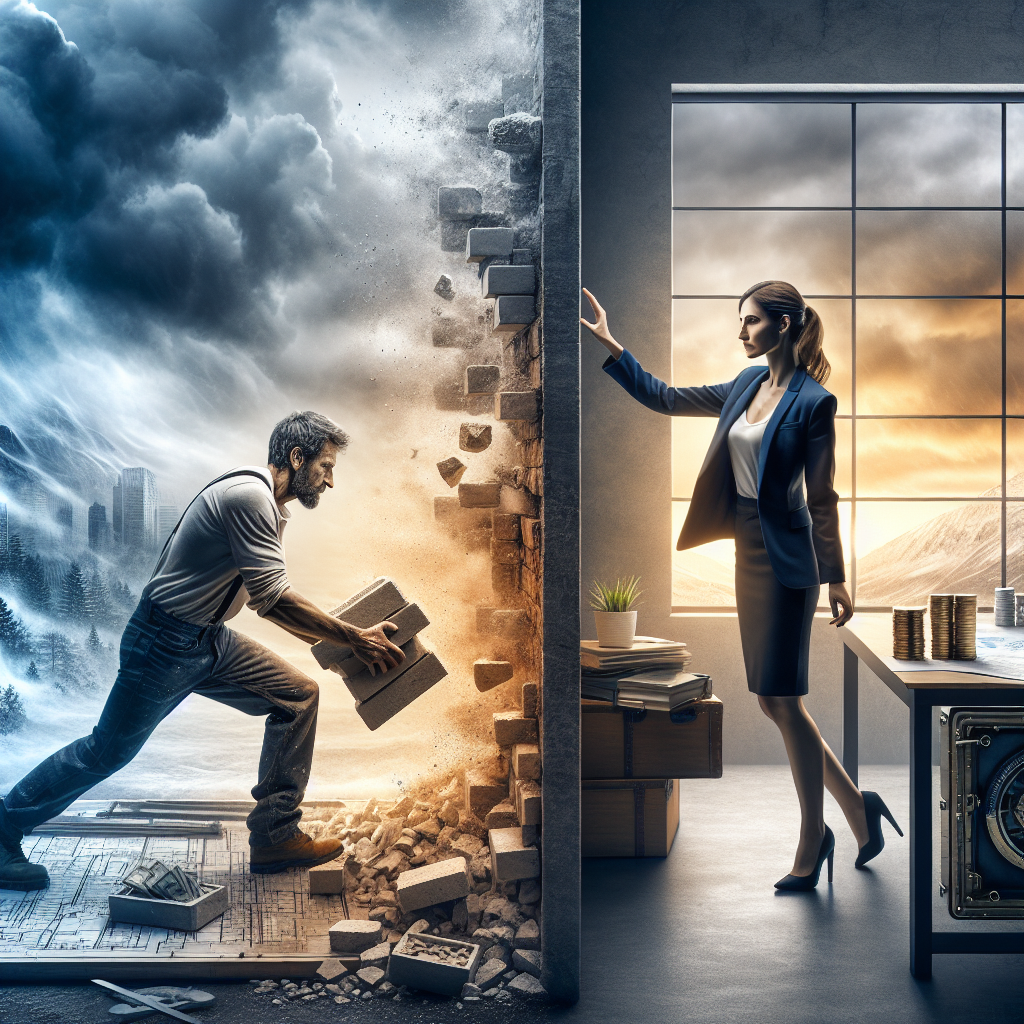 Hand legt Hausmodell auf Münzstapel neben Geschäftsunterlagen und Taschenrechner