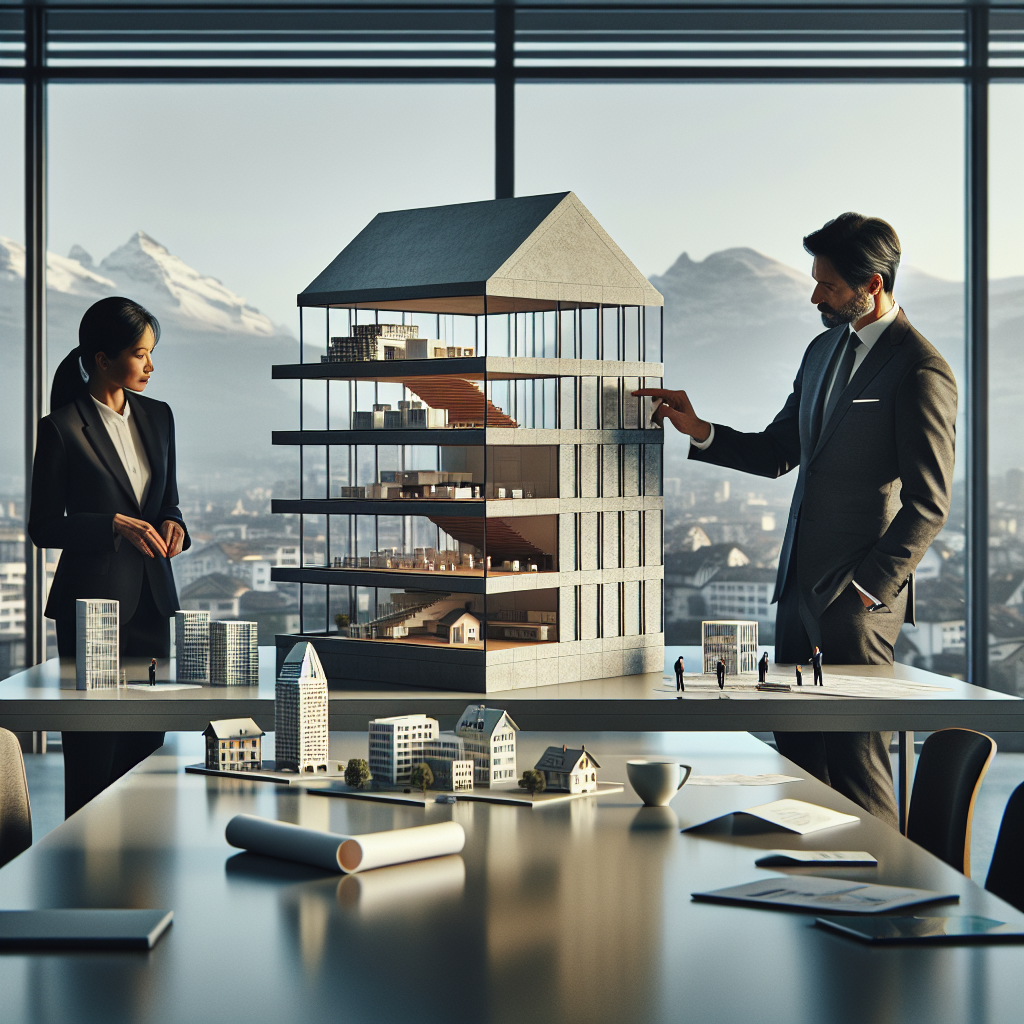 Organigramm mit 'Holding' Ordnern neben Schweizer Flagge auf Schreibtisch