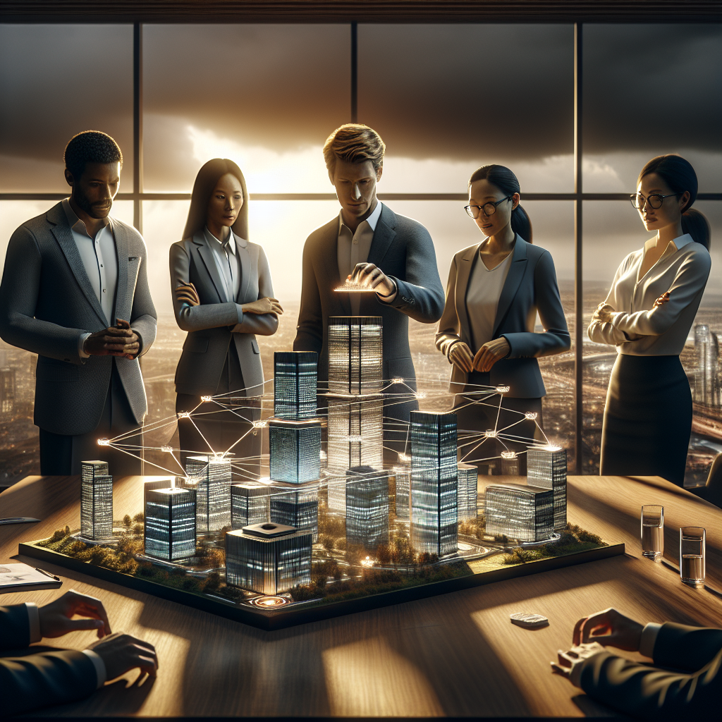 Illustration einer Holding mit verbundenen Tochtergesellschaften und Standorten auf Weltkarte