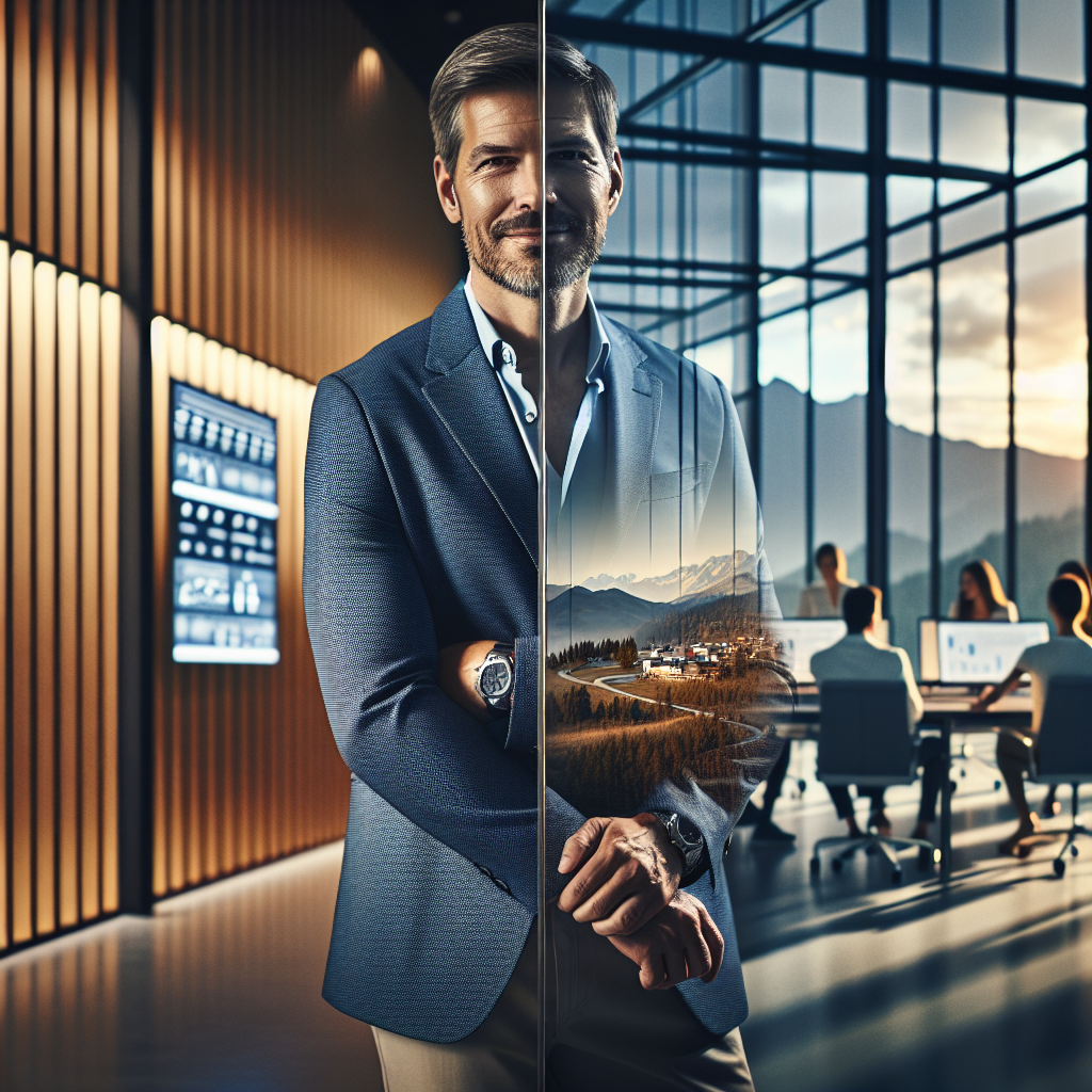 Geschäftsmann vor steigendem Umsatzdiagramm, Schweizer Flagge im Hintergrund, symbolisiert Schweizer Holding für Vermögensschutz