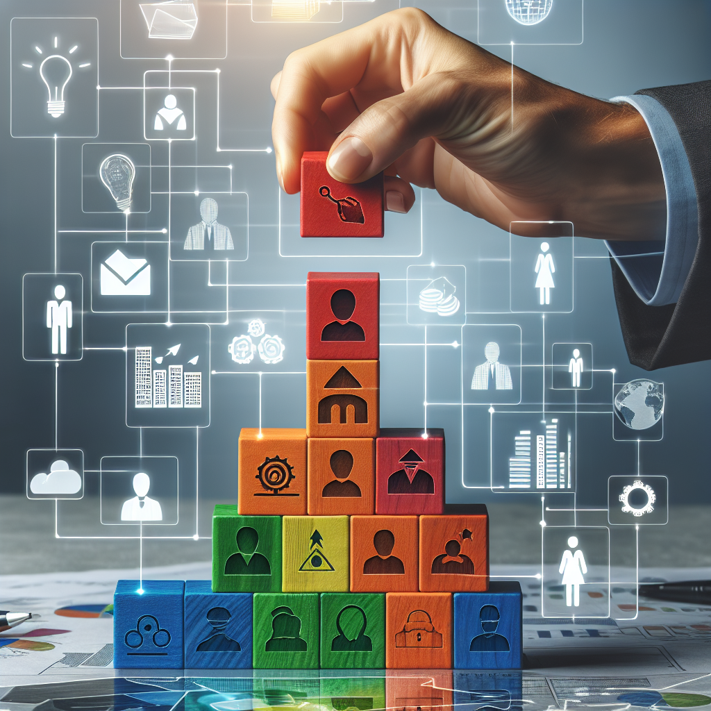 Hand stapelt farbige Bauklötze zur Visualisierung der Unternehmensstruktur