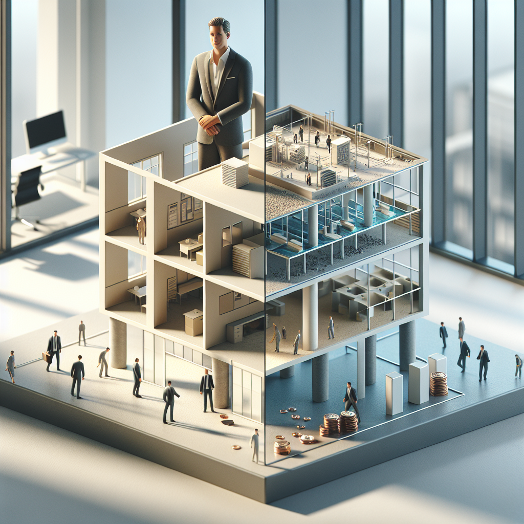 Unternehmer am Schreibtisch mit Dokumenten, Diagramm und Symbolen zur Holding- und Vermögensstruktur