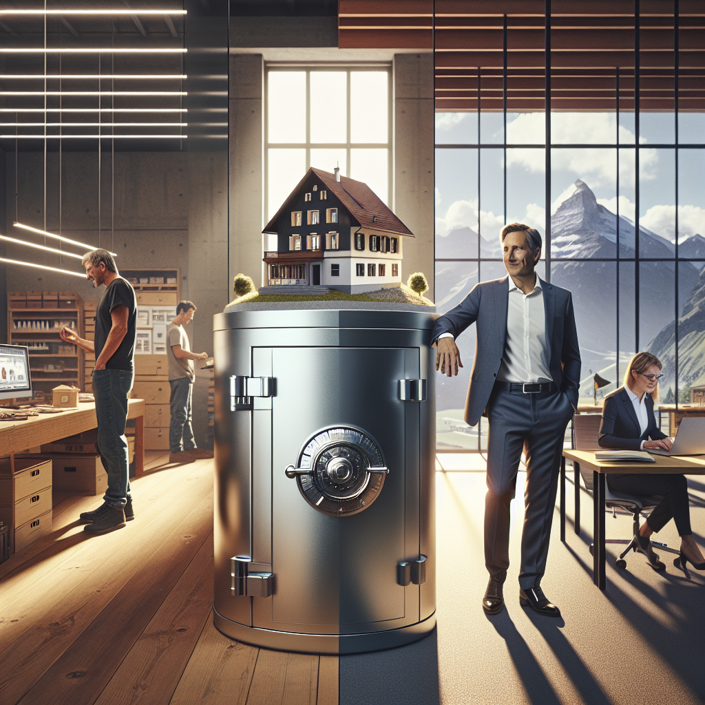 Schweizer Fahne vor Europa-Karte und Bürogebäuden