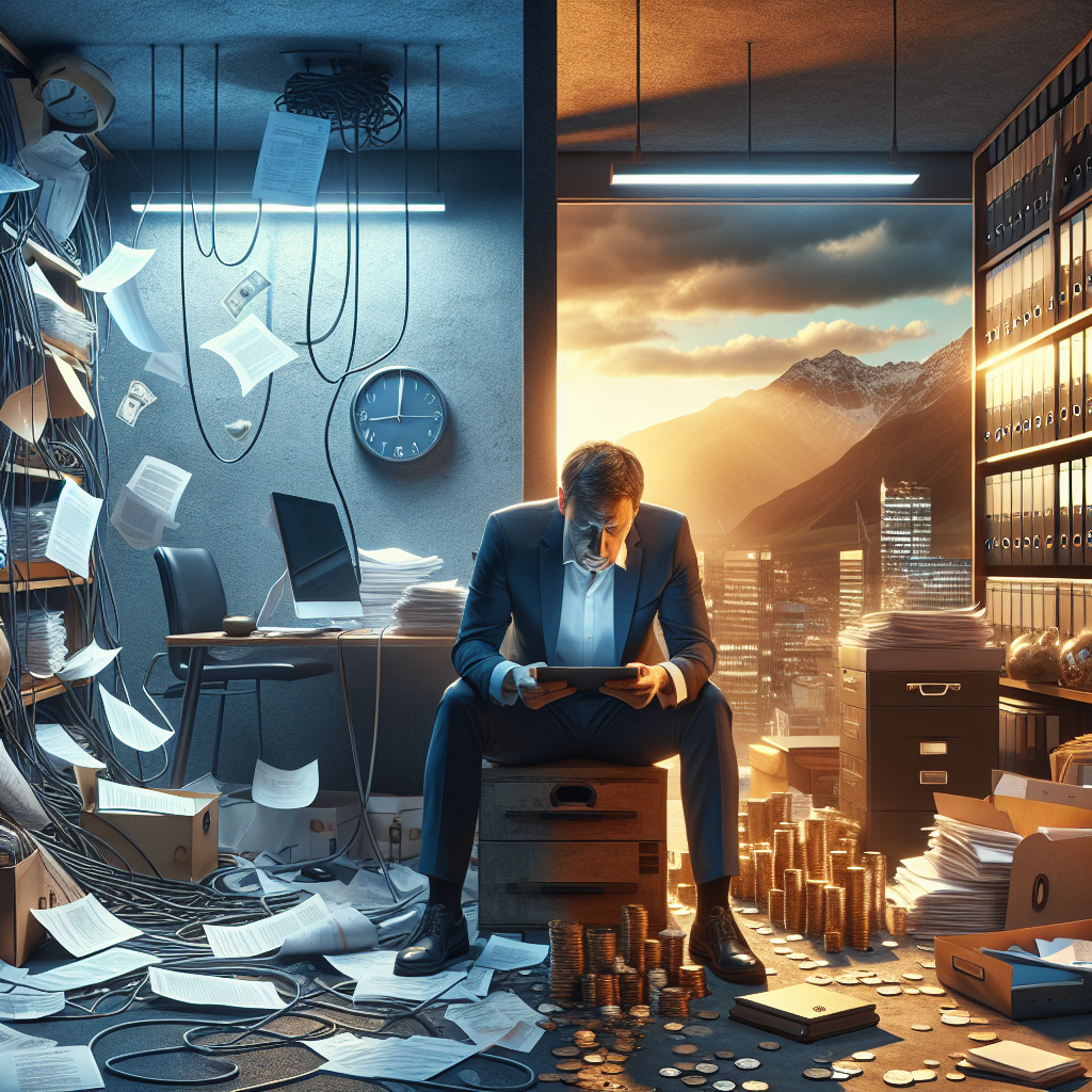 Organigramm auf Schreibtisch mit Schweizer Flagge, Münzen und Laptop