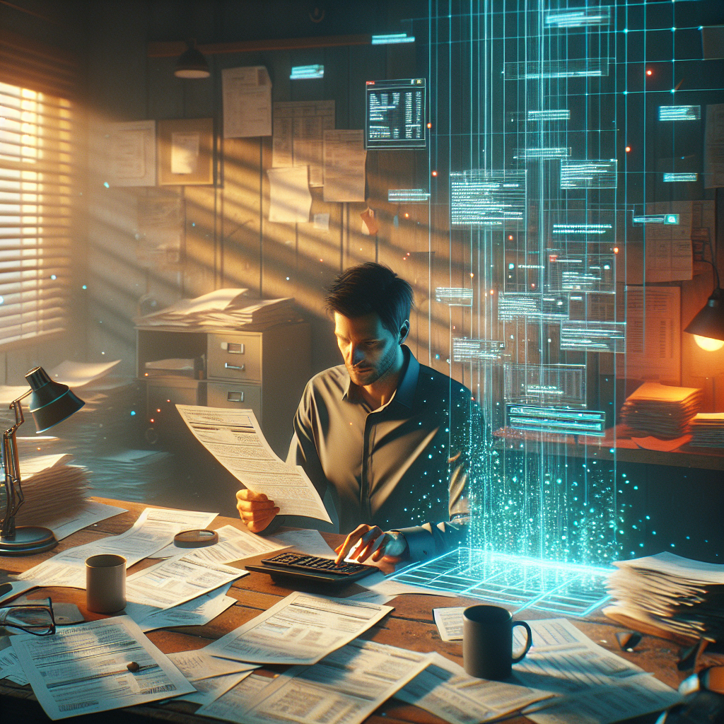 Computerbildschirm mit KI-Prüfung von Rechnungen, Stapel Belege und Taschenrechner