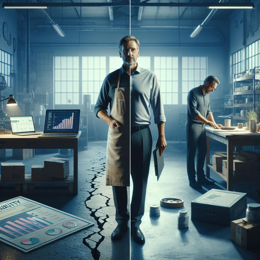 Unternehmer am Tisch mit Laptop, Rechnungen und Liquiditätsdiagramm zur Insolvenzprävention