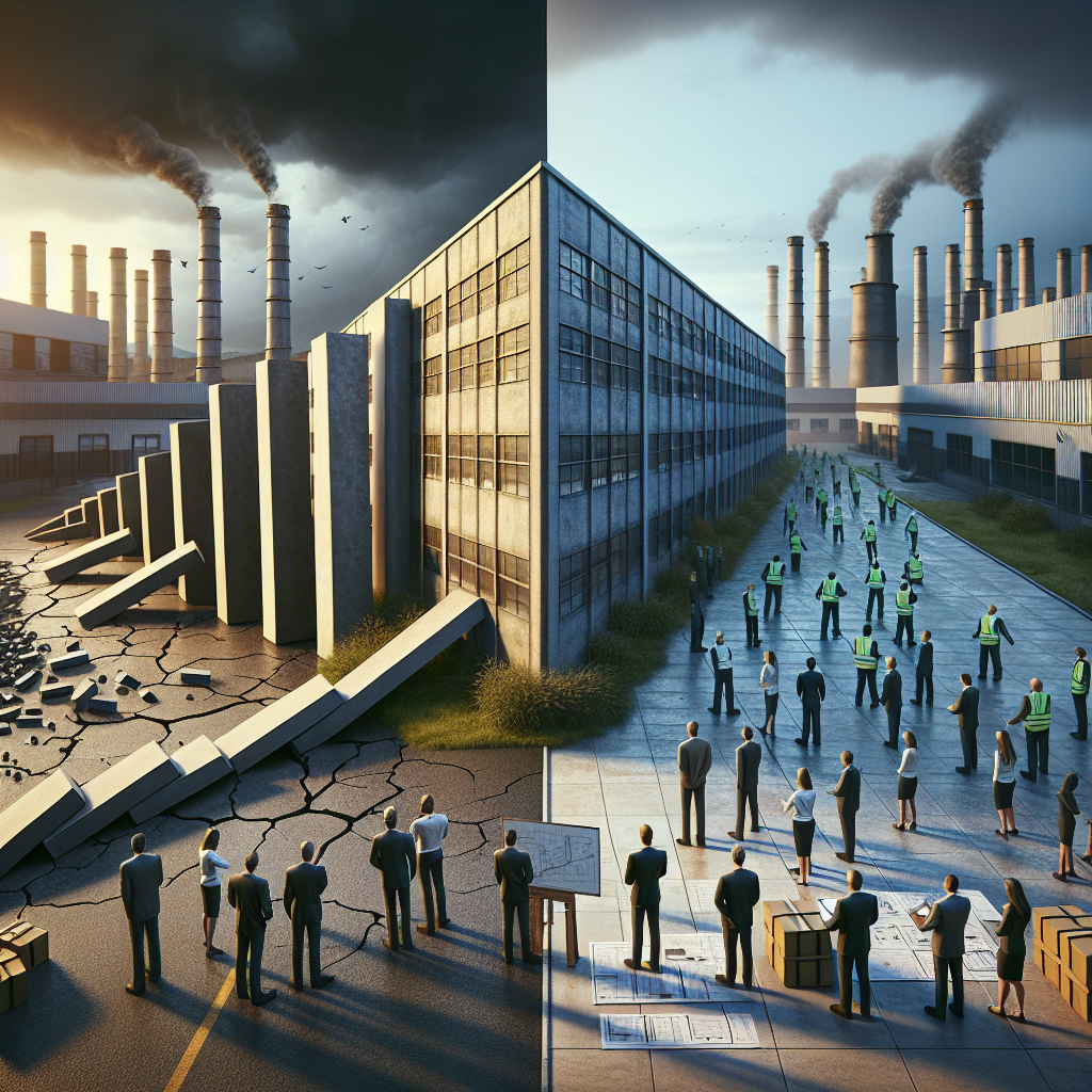 Managertreffen vor Whiteboard mit Organigramm und Fabrikgebäude im Hintergrund