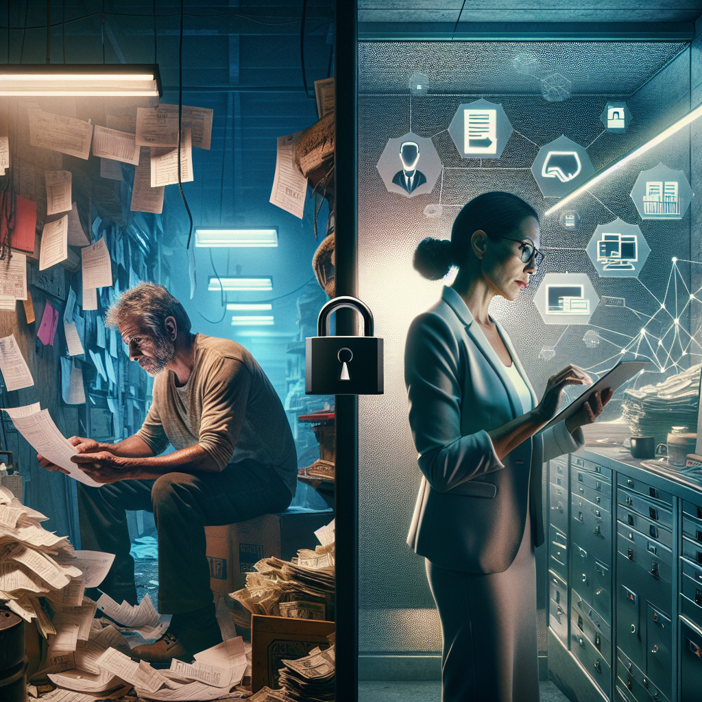 Person am Schreibtisch ordnet Ordner beschriftet 'Operativ', 'Holding', 'Vermögen' neben Strukturdiagramm