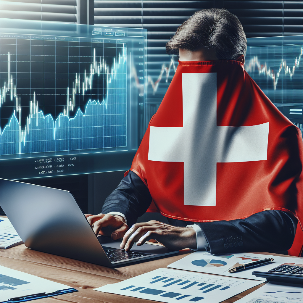 Geschäftsmann am Schreibtisch mit Schweizer Flagge, Laptop und Finanzdiagramm