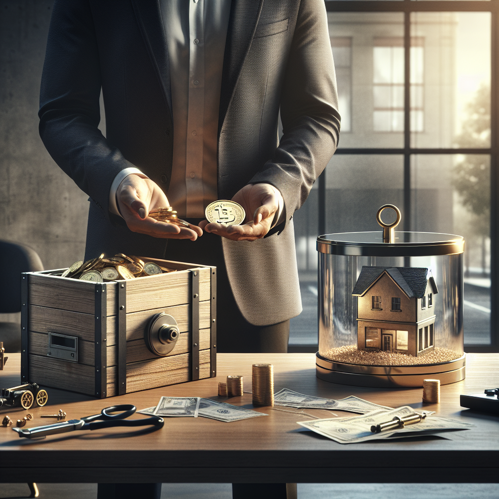 Zwei Kisten nebeneinander: links Betriebssymbole, rechts Geld und Immobilien als Holding