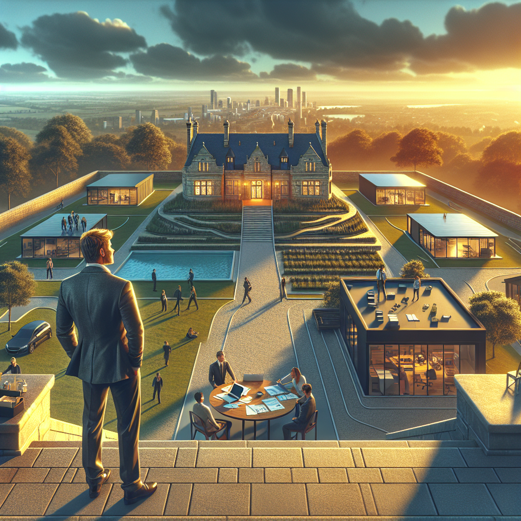 Geteiltes Bild: links Büro mit Laptop für LLC, rechts Akten und Schlüssel für Holding