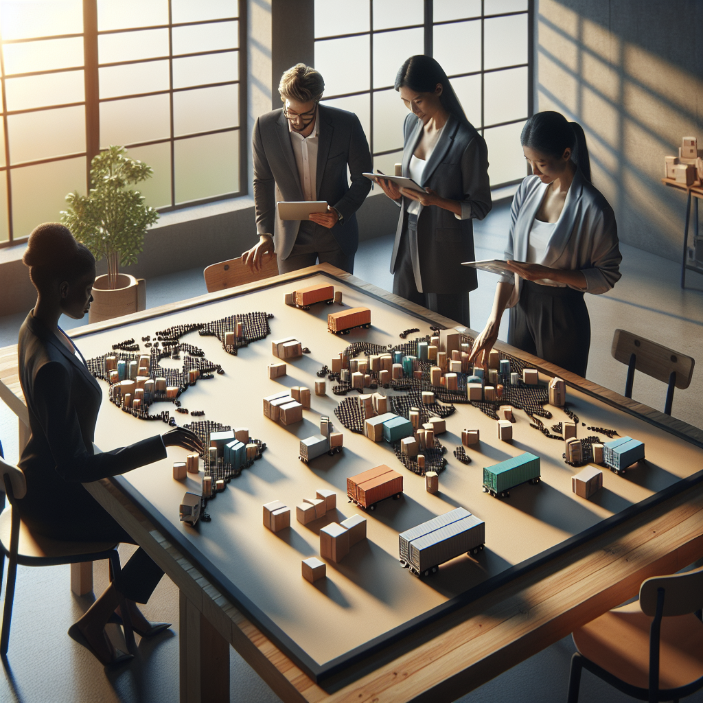 Geschäftsteam diskutiert vor Weltkarte mit Länder‑Markierungen und Strategie‑Diagramm