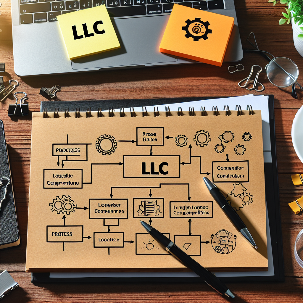 Schreibtisch mit Notiz 'LLC', Prozessdiagramm, Laptop und Stift