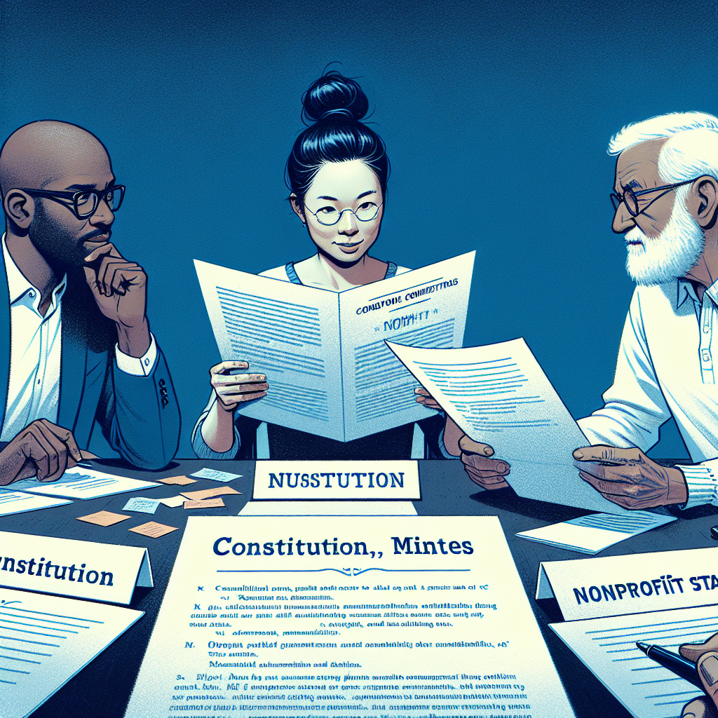 Drei Personen diskutieren Satzung, Protokolle und Gemeinnützigkeit, Dokumente liegen auf dem Tisch