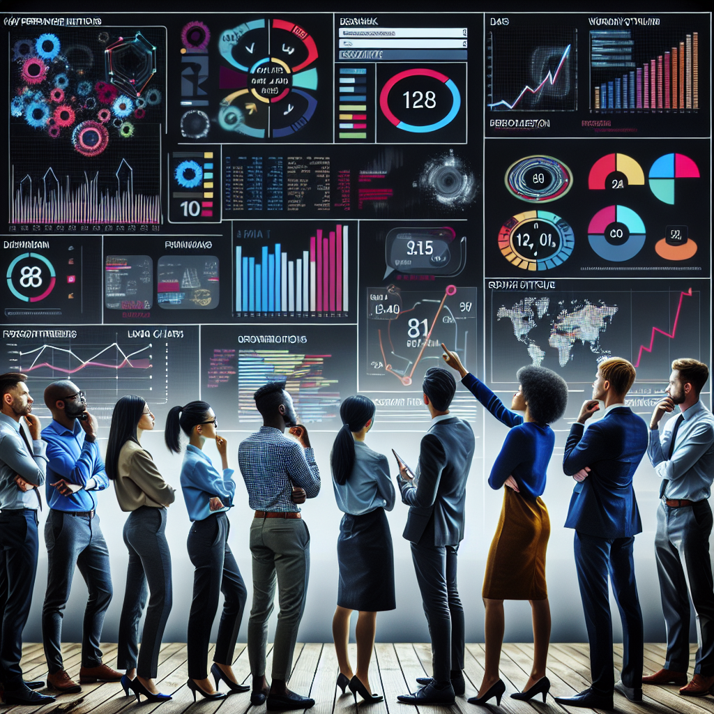Team im Meeting vor Dashboard mit KPIs, Finanzdiagrammen und Struktur-Flow
