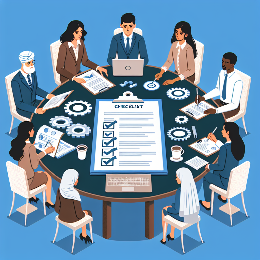 Fünf Personen am Konferenztisch mit Laptop, Diagrammen und Checkliste zur Erfolgssicherung