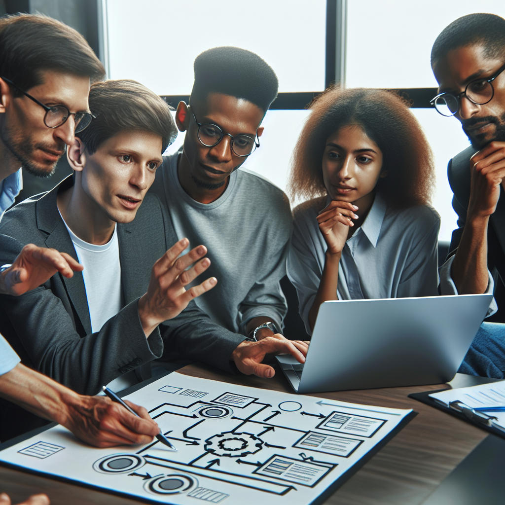 Team bespricht Prozessdiagramm am Laptop, Checkliste und Aufgabenverteilung sichtbar