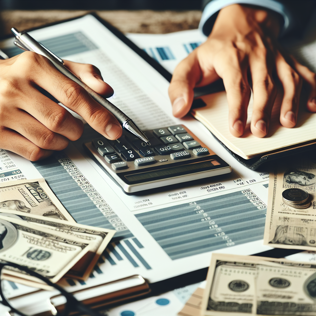 Nahaufnahme: Hand über Taschenrechner, Notizen und Kontoauszüge zur finanziellen Kontrolle
