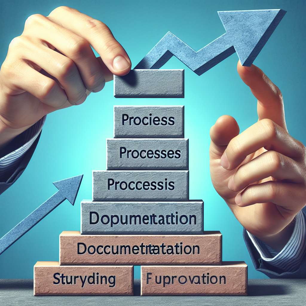 Hände stapeln beschriftete Bauklötze ‚Prozesse‘ ‚Dokumentation‘ mit aufwärtsgerichtetem Pfeil