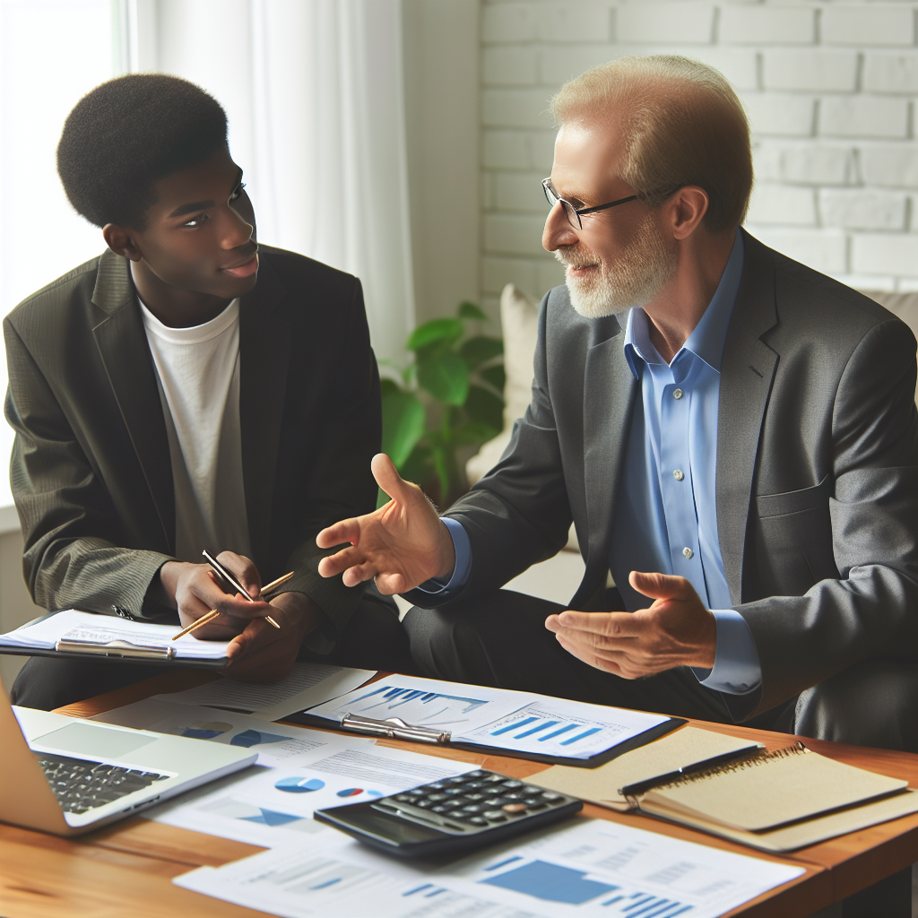 Steuerberater und Unternehmer besprechen Dokumente und Diagramme am Laptop