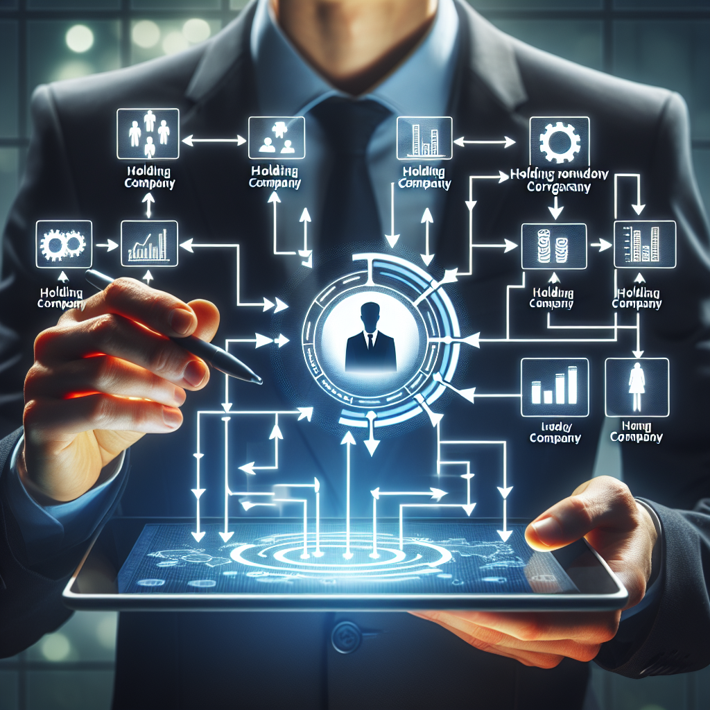 Geschäftsperson zeigt Organigramm der Holding auf Tablet mit Pfeilen für Geldflüsse und Kontrolle