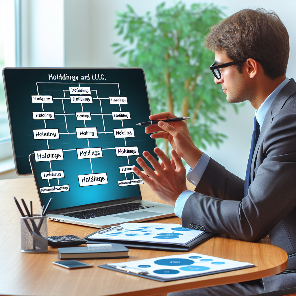 Berater am Schreibtisch zeigt Holding‑ und LLC‑Struktur auf Laptop‑Bildschirm