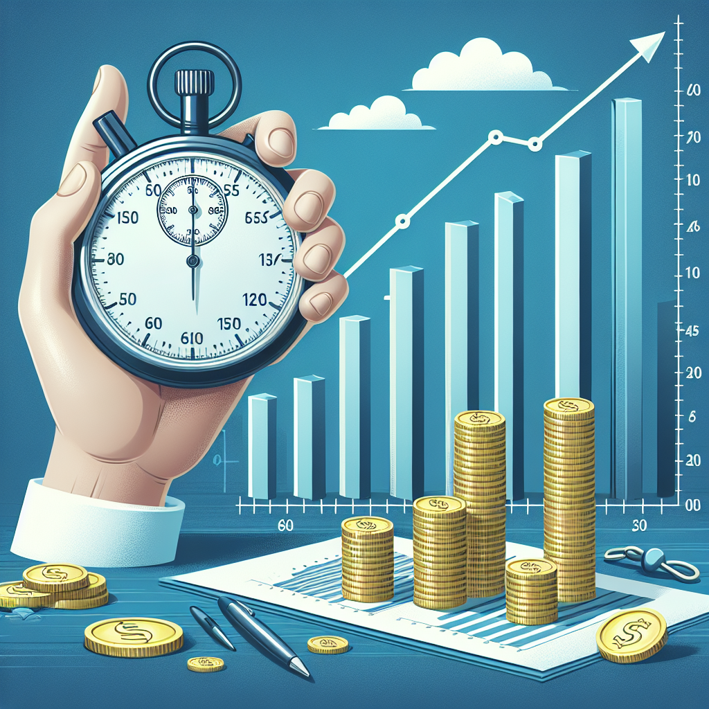 Hand mit Stoppuhr neben Balkendiagramm und Münzstapel, Symbol für Zeitmanagement und Kapitalaufbau